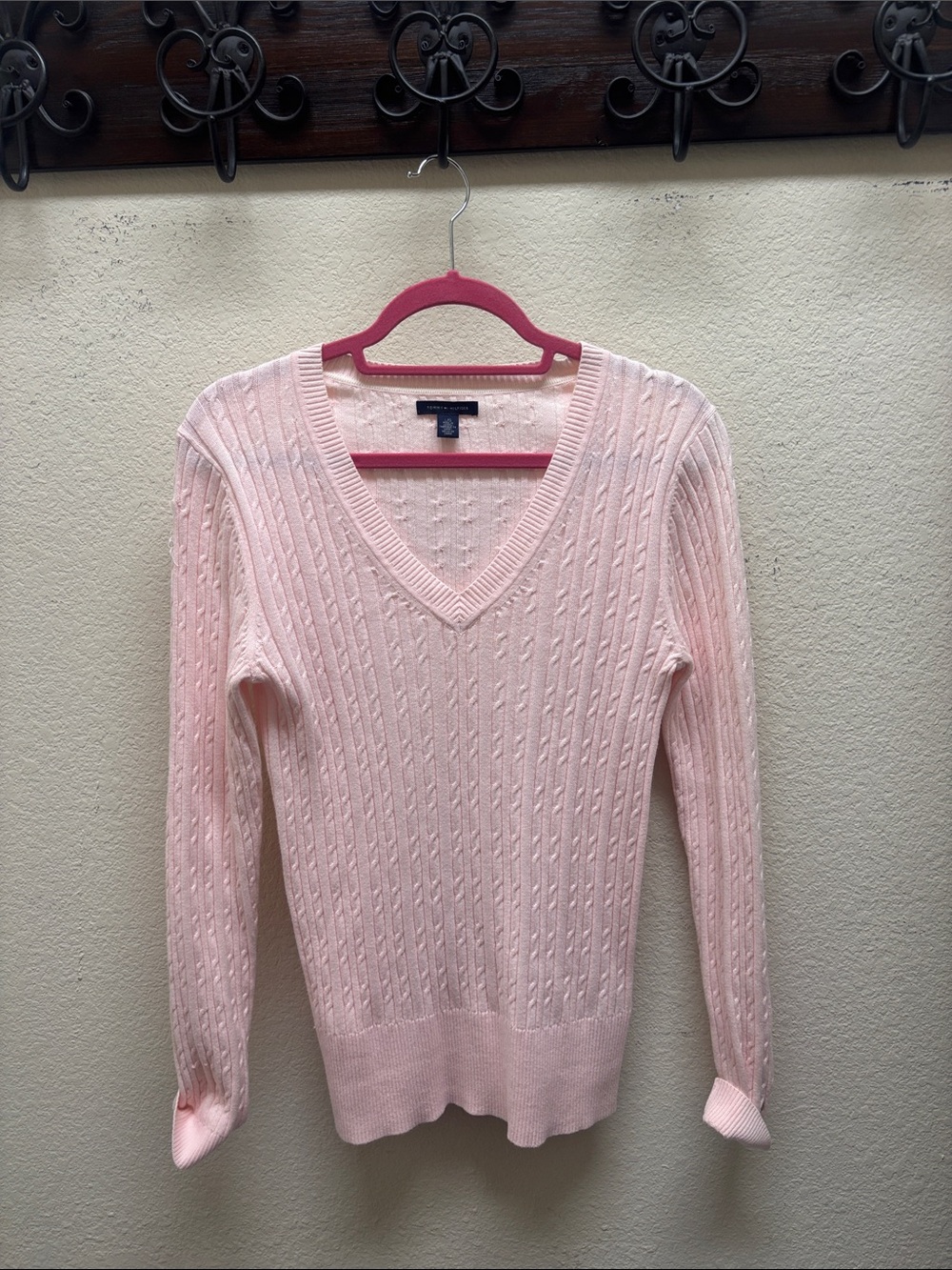 Tommy Hilfiger Pale Pink V-Neck Cable Knit Sweater